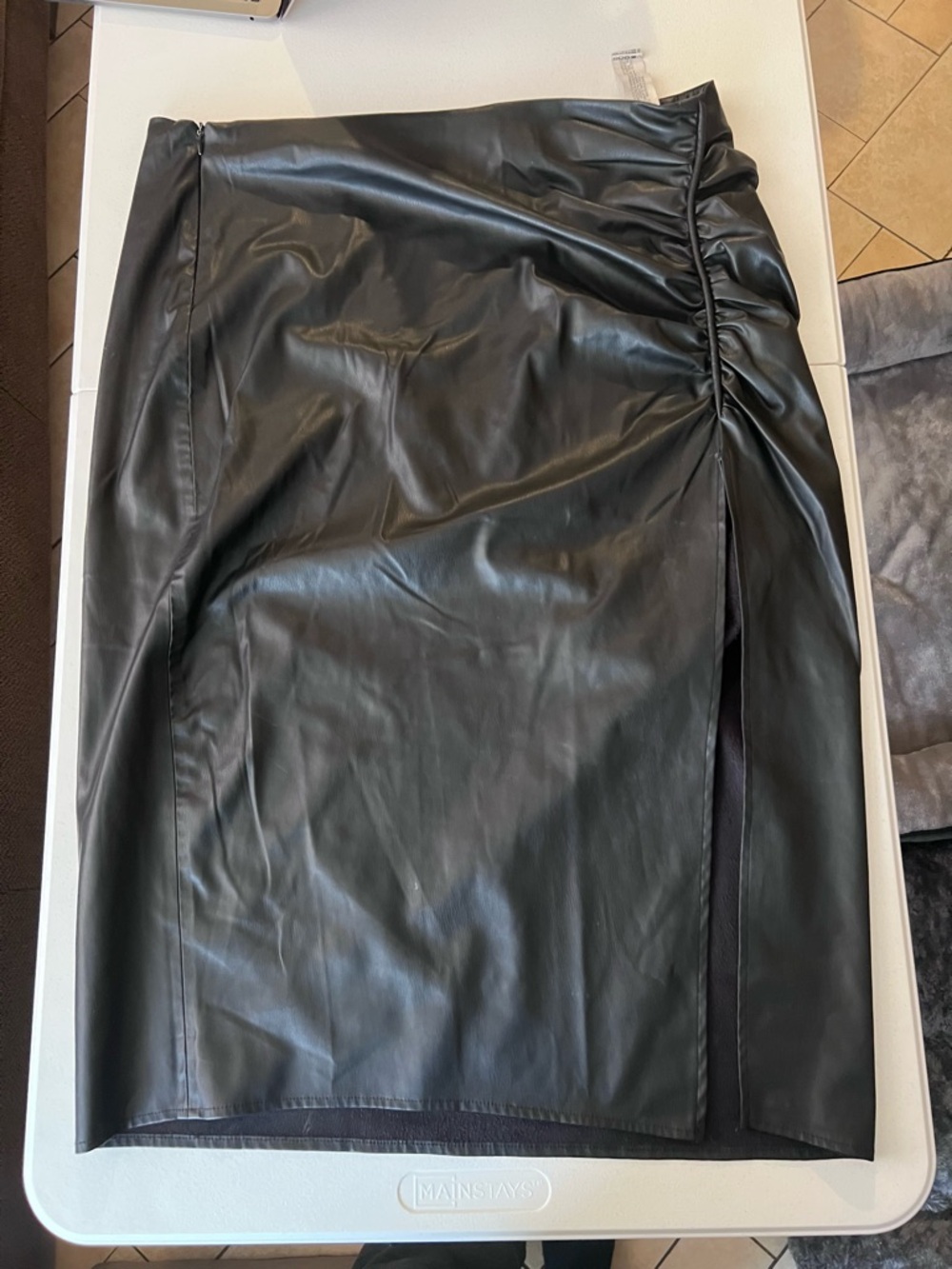 Zara Black Faux Leather Ruched Side Midi Skirt